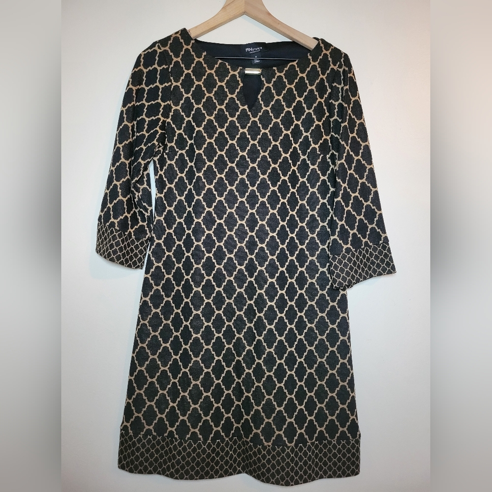 rn studio abstract gold and black short sweater dress, size 6